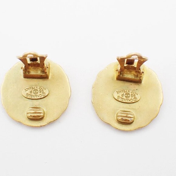 CHANEL CC Logo Earring 95P Clip-On Green Gold GHW Accessory Vintage 87RF631 - Picture 7 of 9